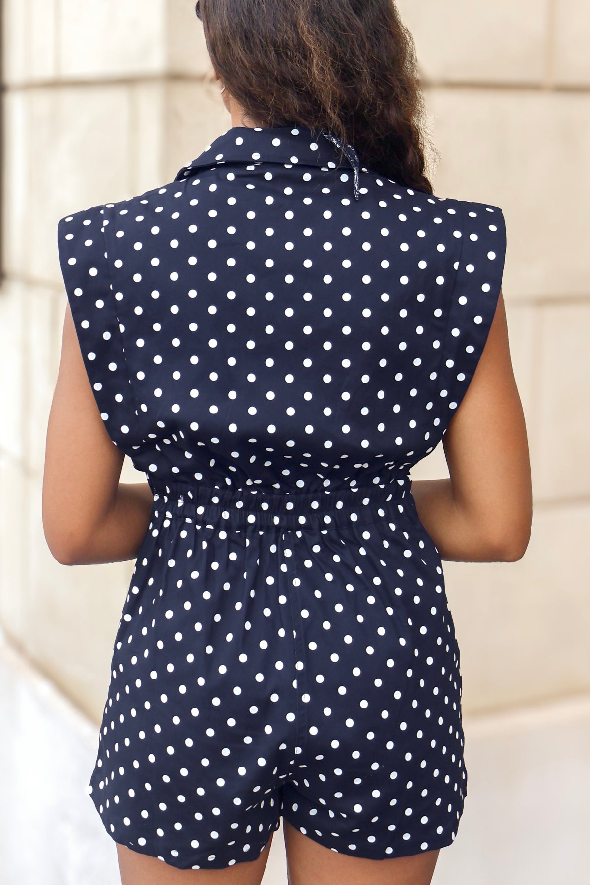 Meet Me Later Polka Dot Blazer Top Romper in Navy