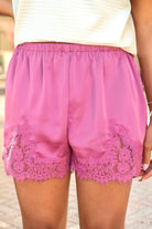 Tell Me About It Elastic Waist Lace Trim Shorts in Mauve