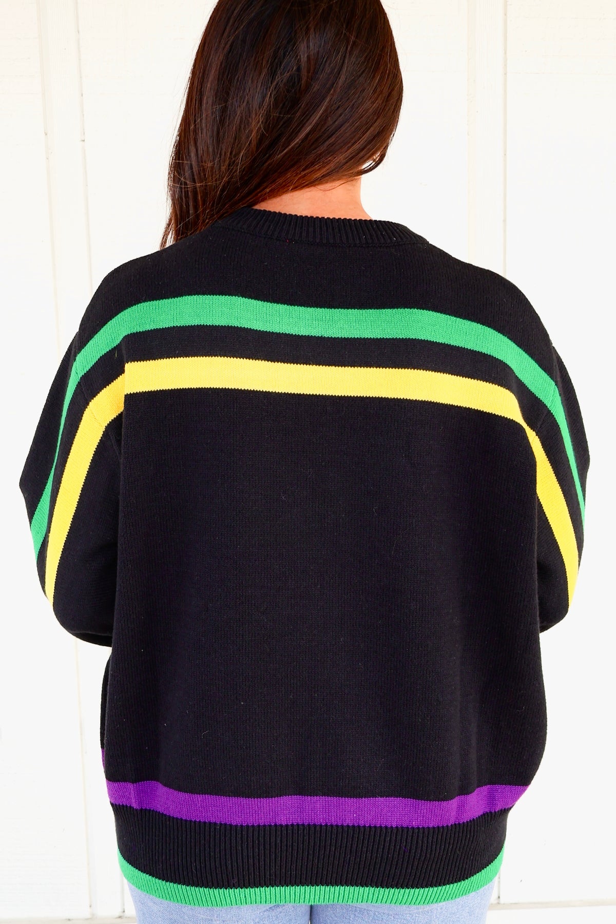 The Big Easy Striped Mardi Gras Mask Sweater by Queen of Sparkles-TOP WINTER SWEATER