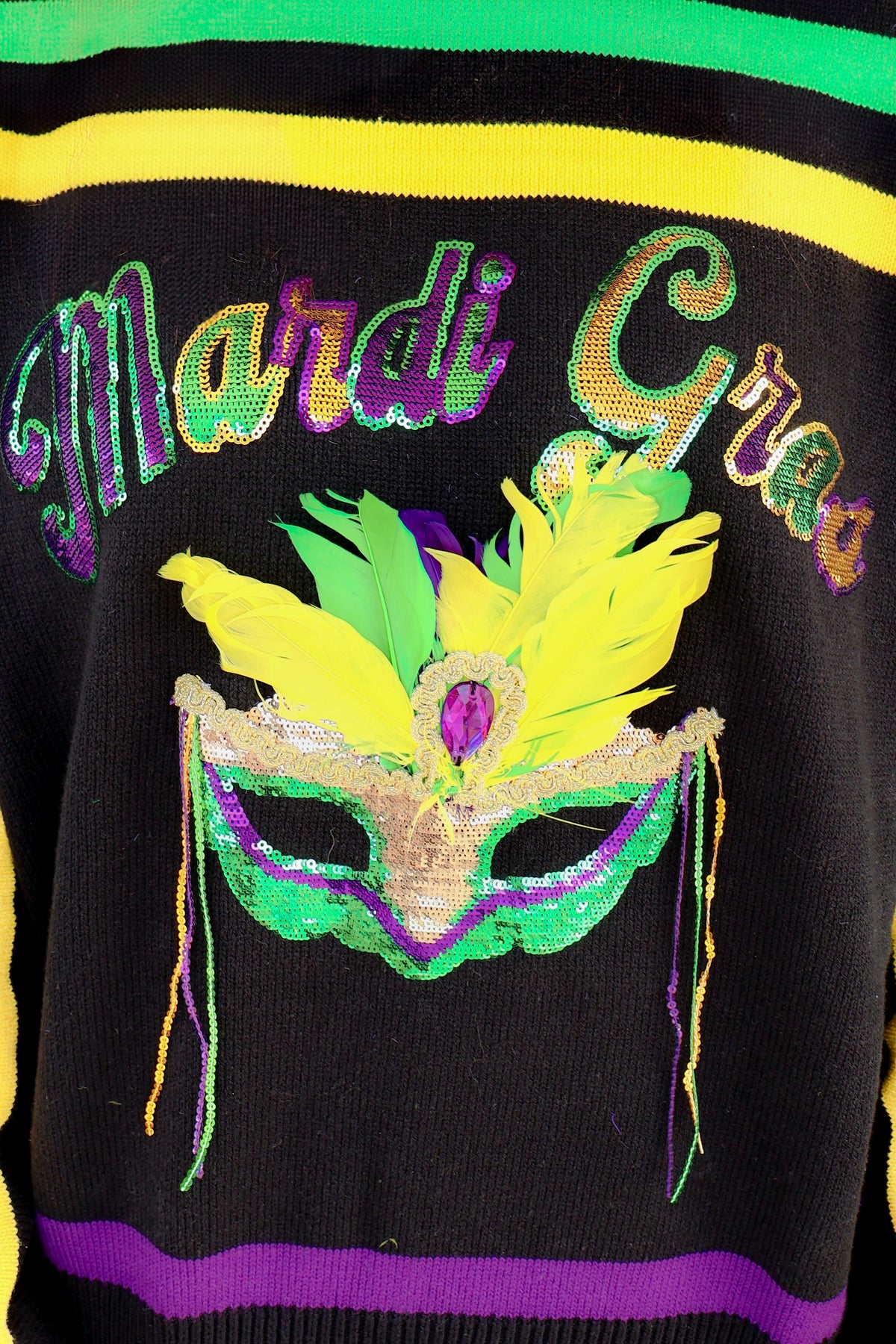 The Big Easy Striped Mardi Gras Mask Sweater by Queen of Sparkles-TOP WINTER SWEATER