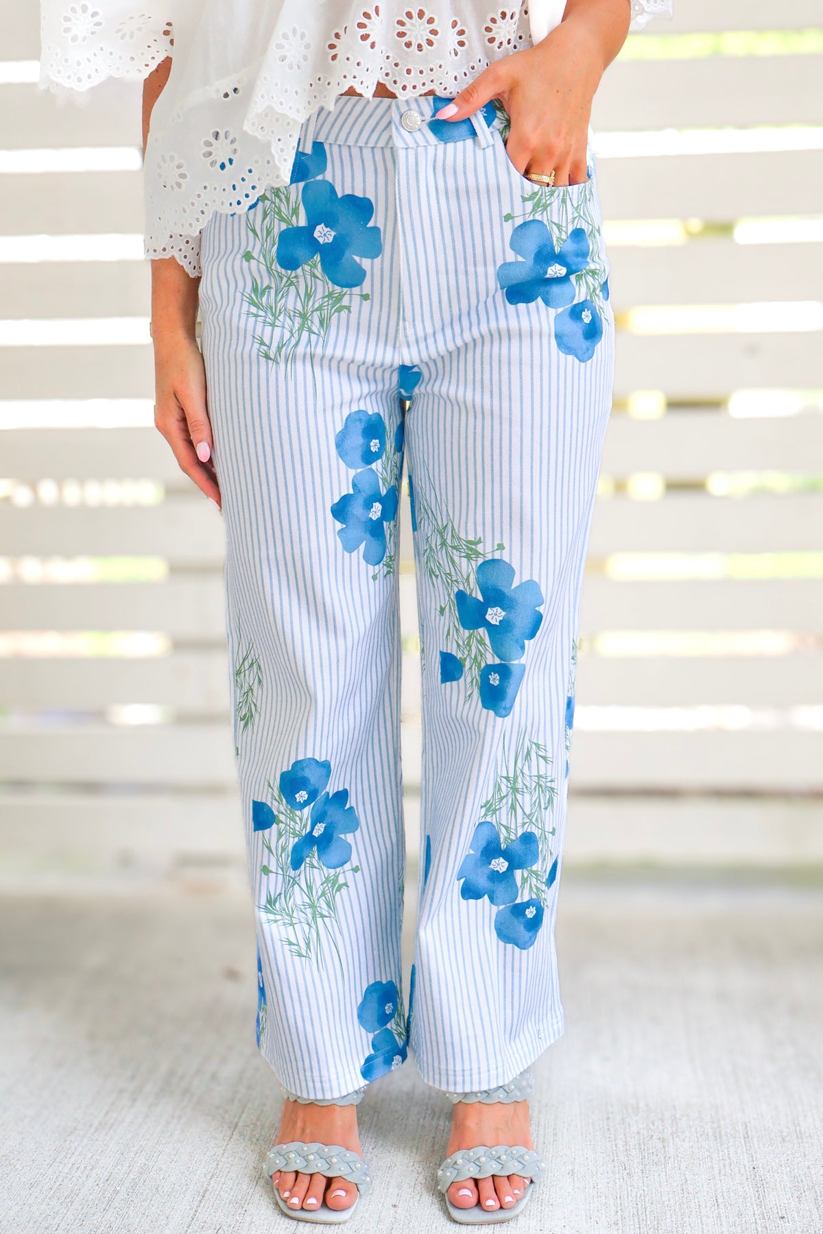 Charleston Getaway Pinstripe Flare Pants in Light Blue-PANT LONG OTHER