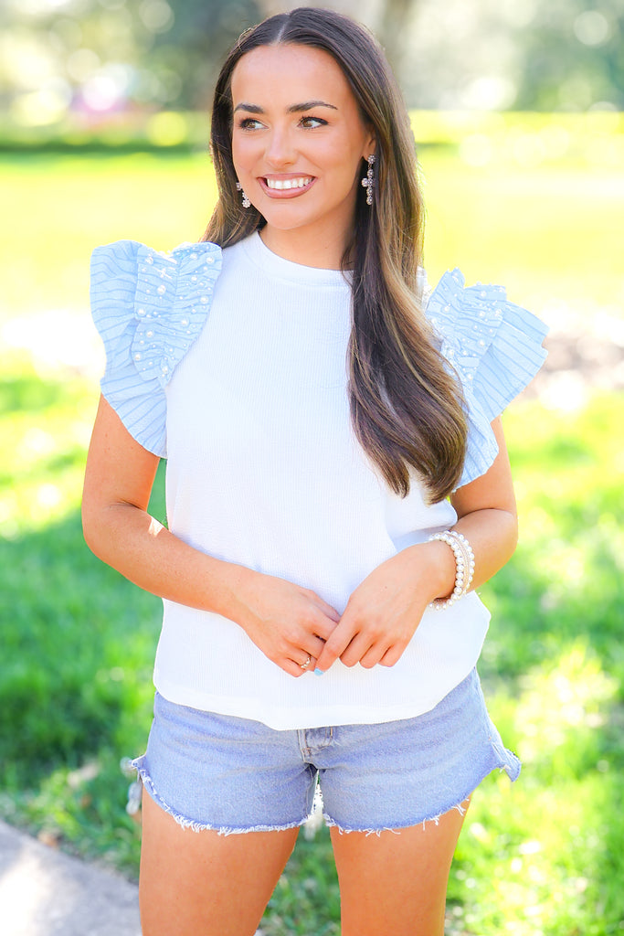 pearl detail ruffle sleeve top in white blue