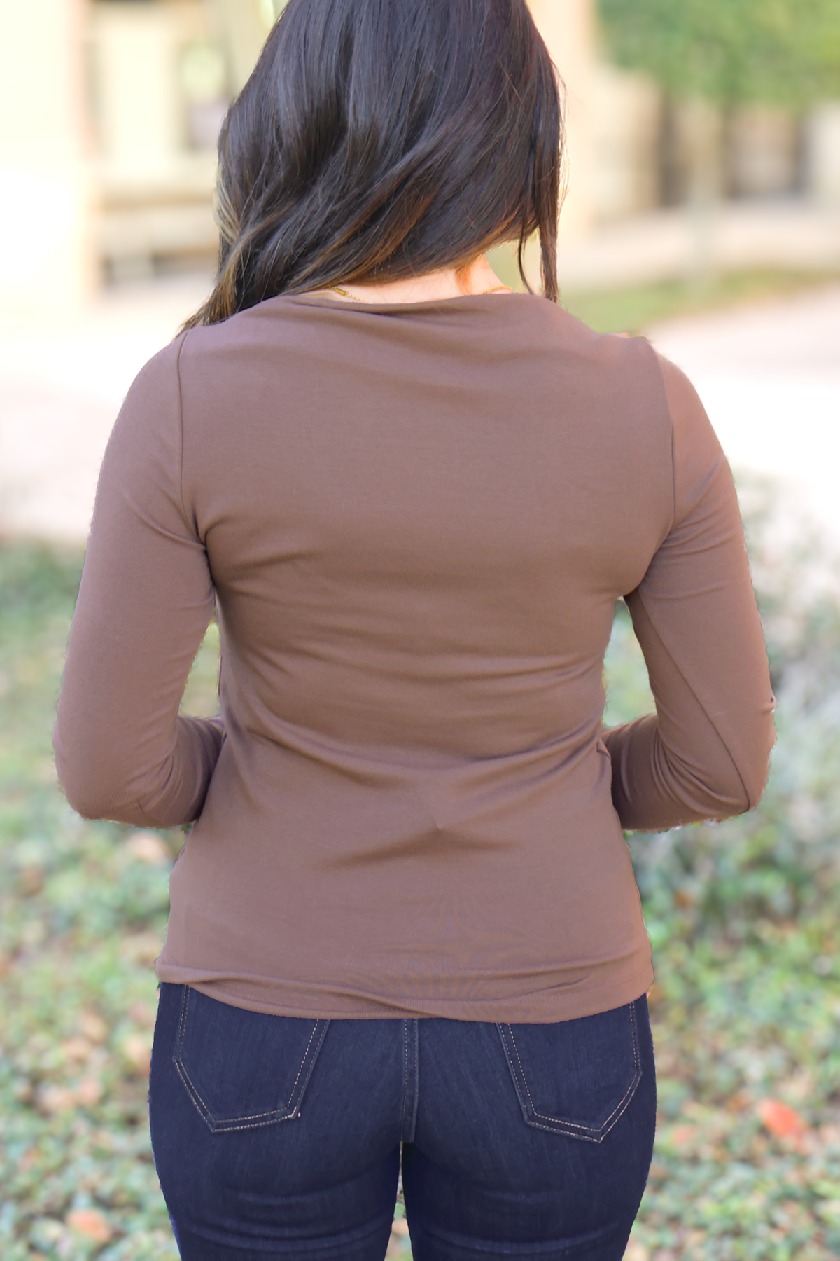 Wide neck long sleeve top, back view
