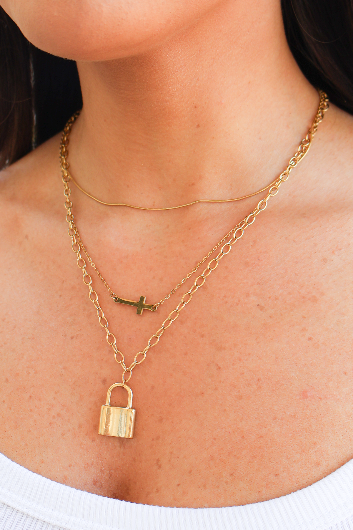 Last One to Know Cross and Lock Chain Layer Necklace-ACC HAIR CLIP