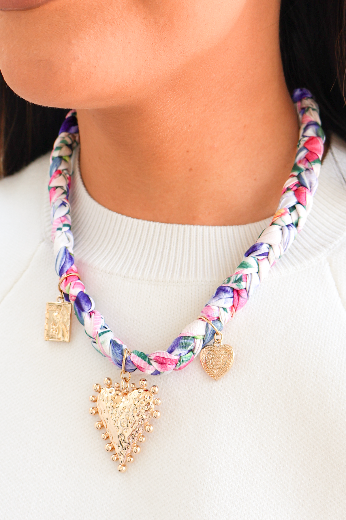 In This Moment Heart Charm Floral Scarf Necklace-ACC NECKLACE