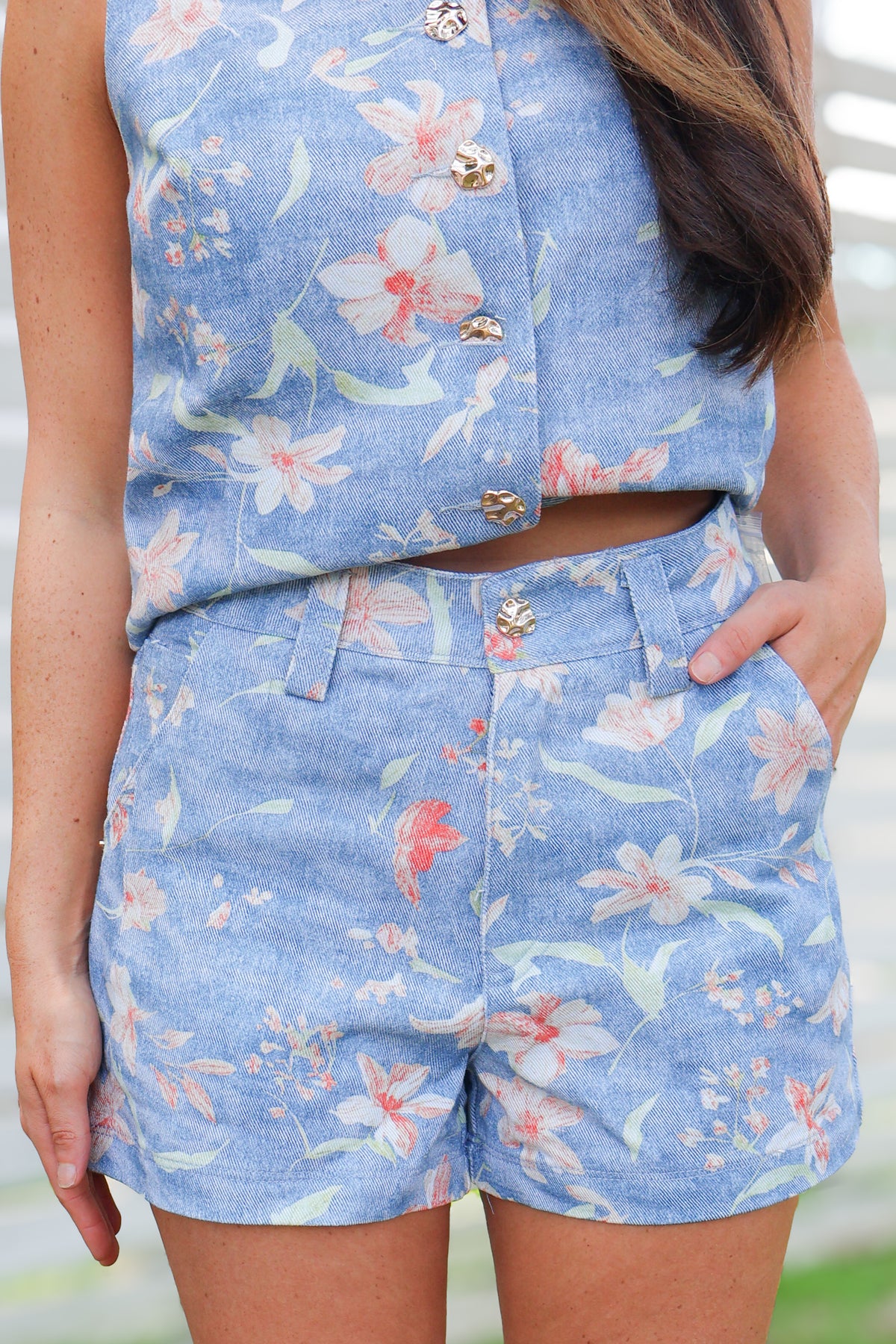 Above All Else Floral Denim Button Shorts-DENIM SHORTS