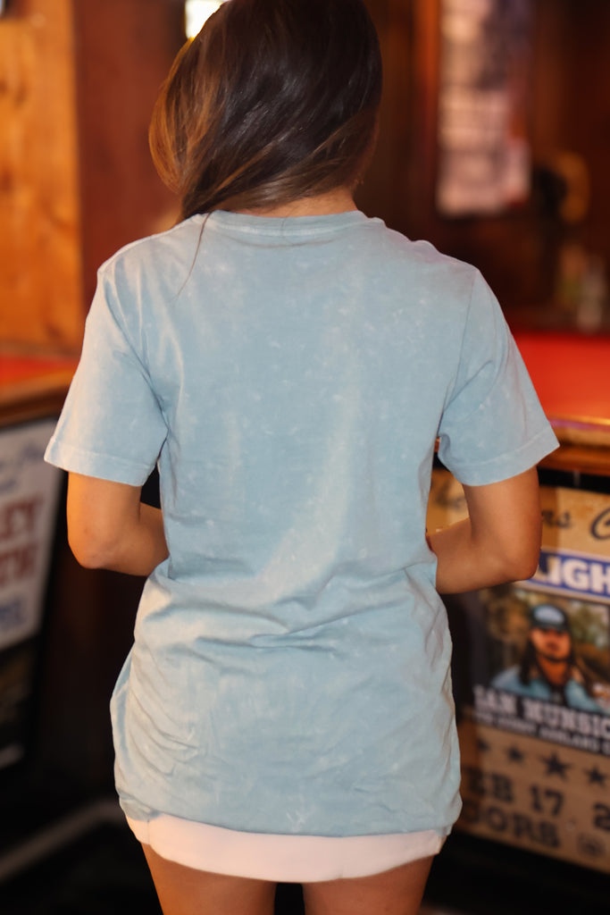 back of free bird graphic tee in blue