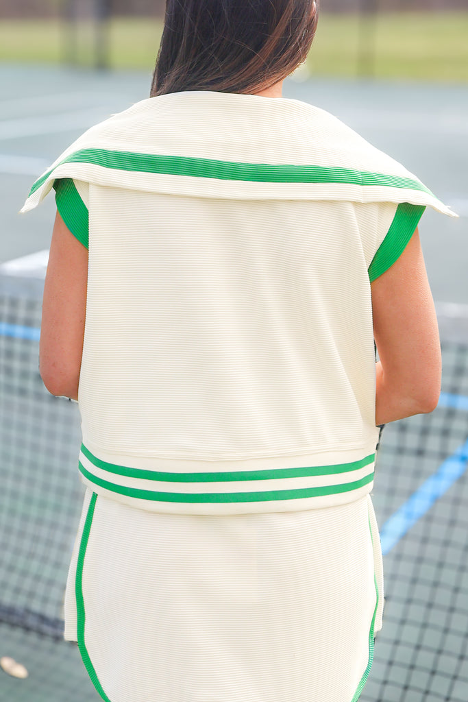 back of cream with green stripe ribbed top