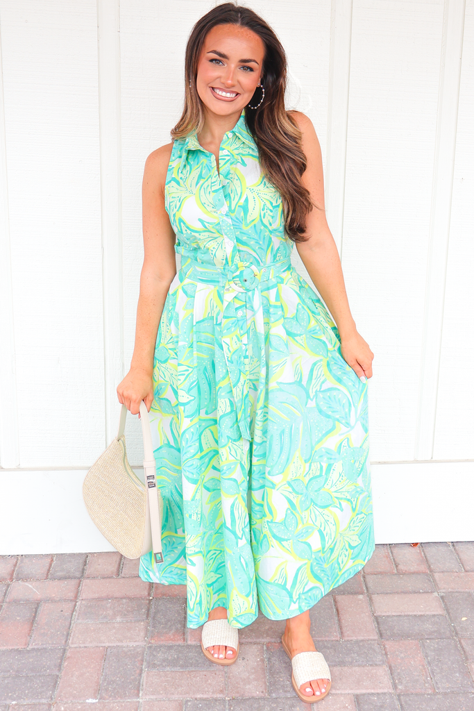 Tropical Printed Button Front Belted Midi Dress
