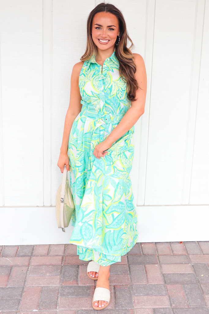 Tropical Printed Button Front Belted Midi Dress