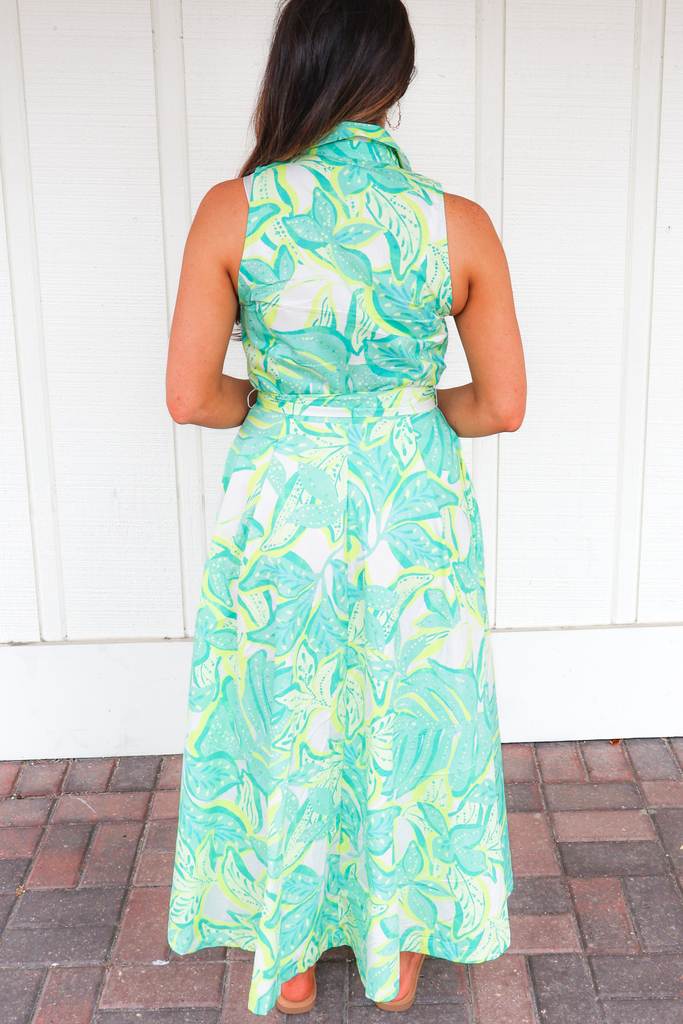 Back of Tropical Printed Button Front Belted Midi Dress