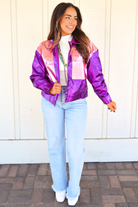 Throw Me Something Metallic Front Pocket Jacket in Purple-TOP WINTER JACKET