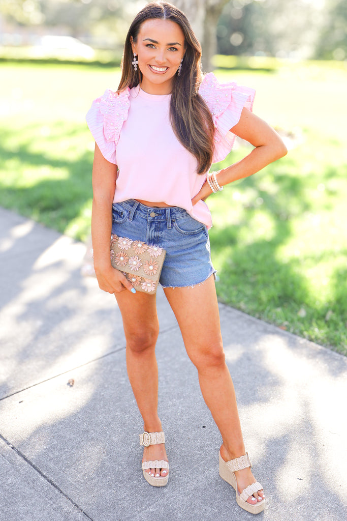  pearl detail ruffle sleeve top in light pink