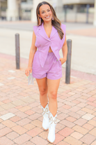 Lilac sleeveless blazer top romper with waist cutout