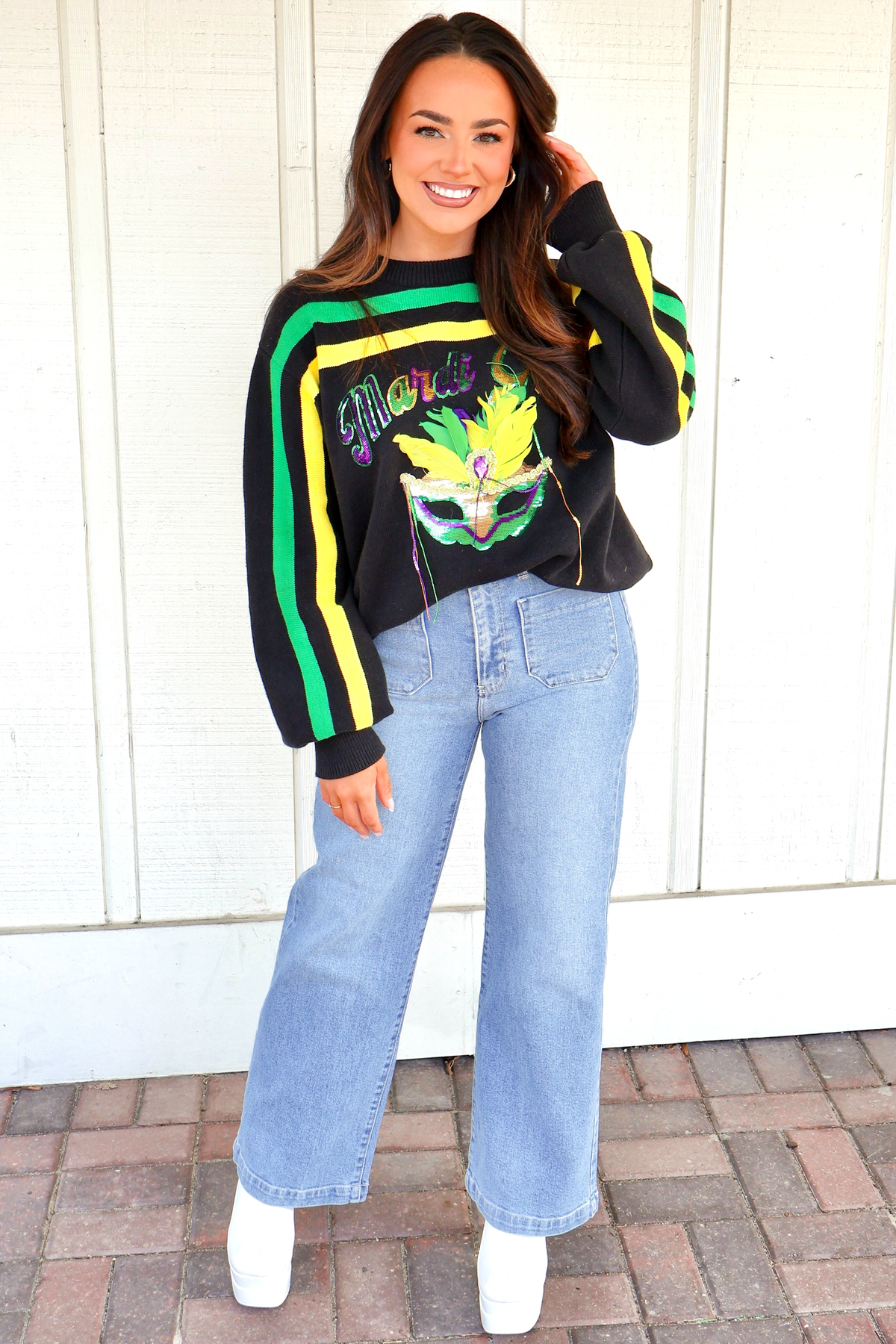 The Big Easy Striped Mardi Gras Mask Sweater by Queen of Sparkles-TOP WINTER SWEATER