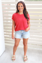 Quiet Skies Textured Pocket Front Top in Red-TOP S/S SOLID