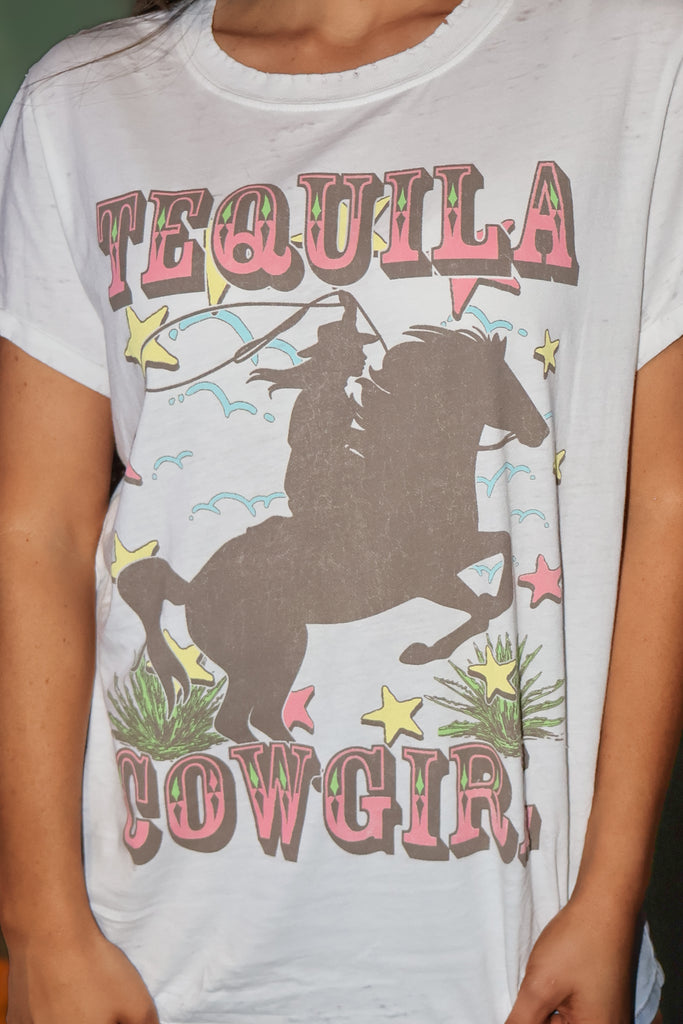 close up of tequila cowgirl graphic tee
