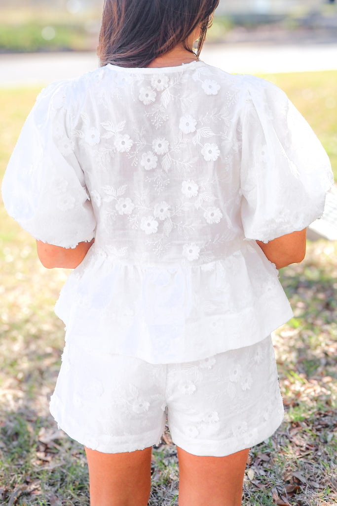 back of floral detail bow front babydoll top in off white