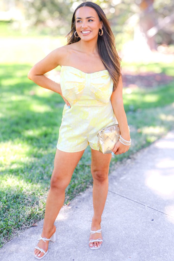 floral bow front romper in light yellow