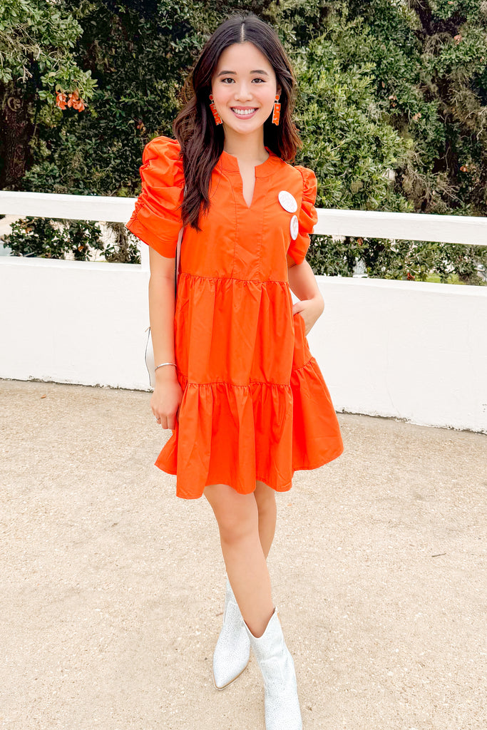 puff sleeve v neck tiered dress in orange