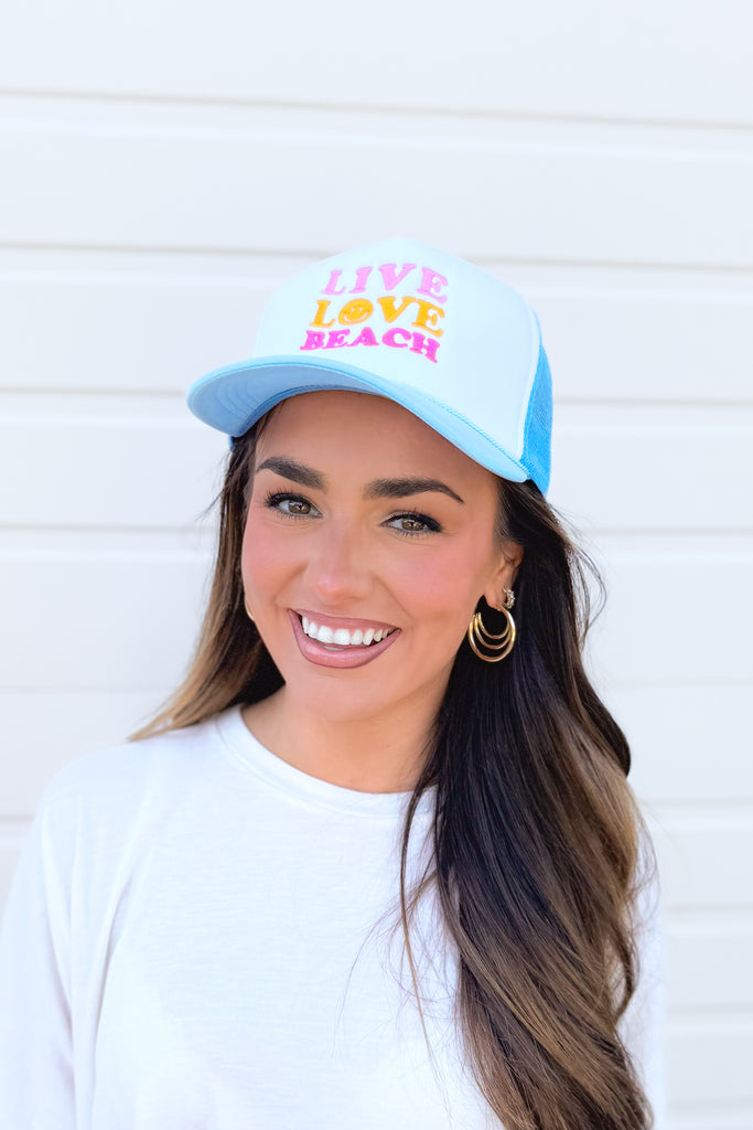 live love beach trucker hat in blue