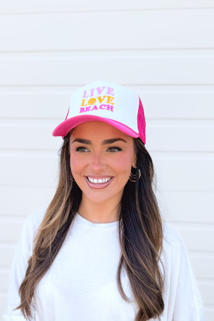 live love beach trucker hat in hot pink