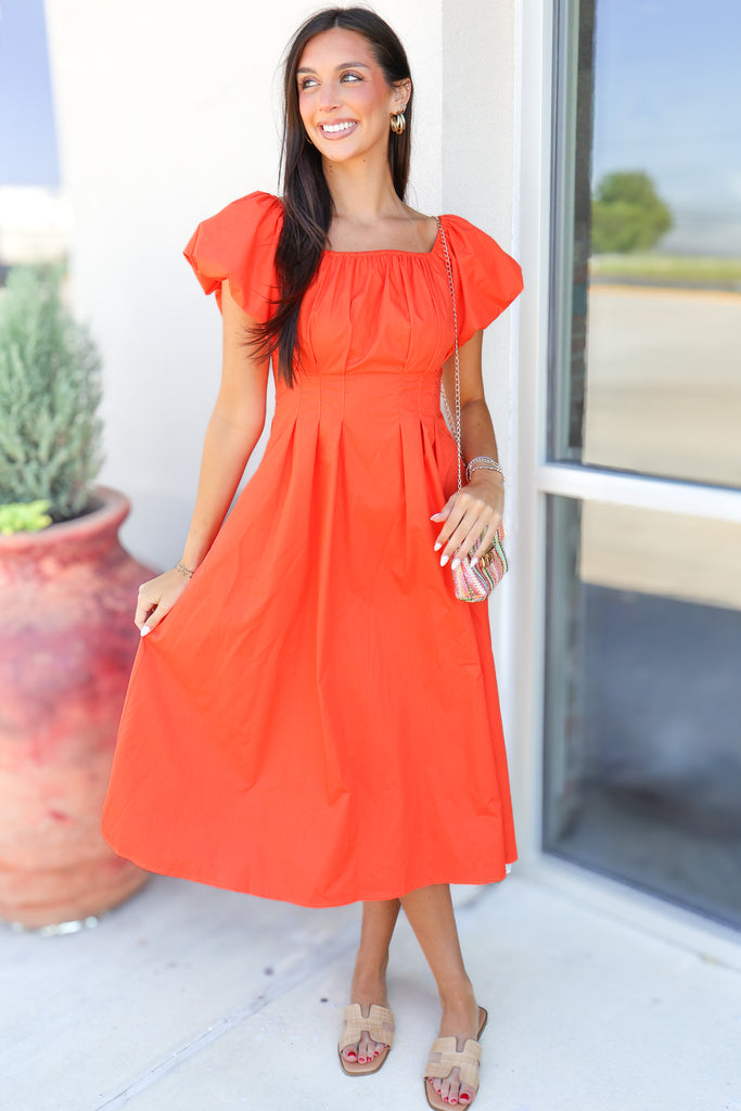 orange puff sleeve maxi dress
