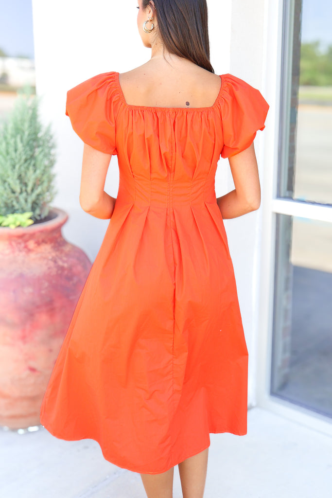 back of pleated puff sleeve maxi dress