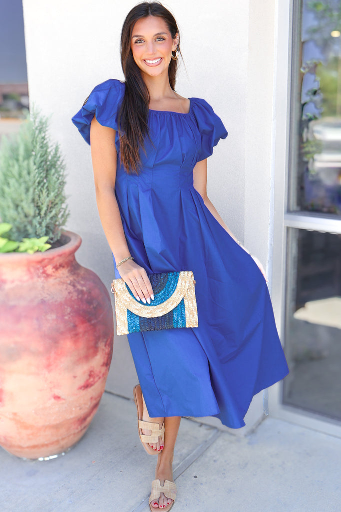 blue puff sleeve maxi dress