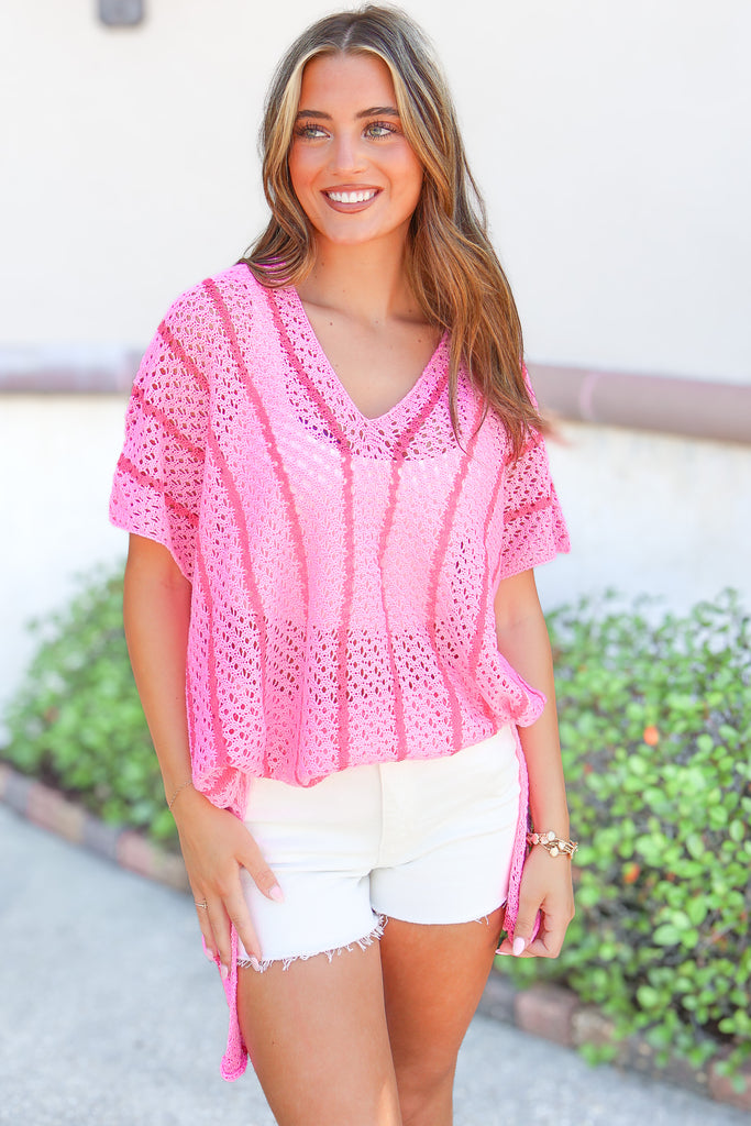 pink striped loose knit cover-up