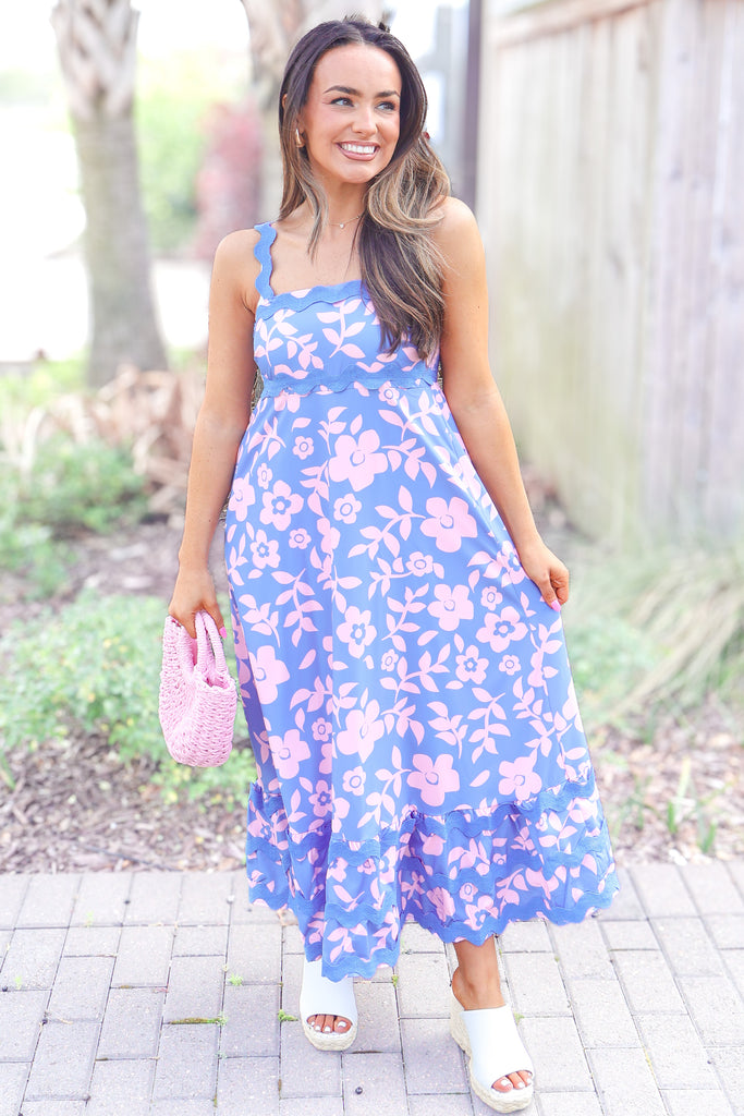 floral print wavy trim dress