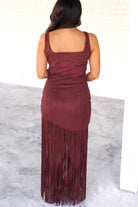 Never Been in Love Suede Fringe Midi Dress in Burgundy - back view