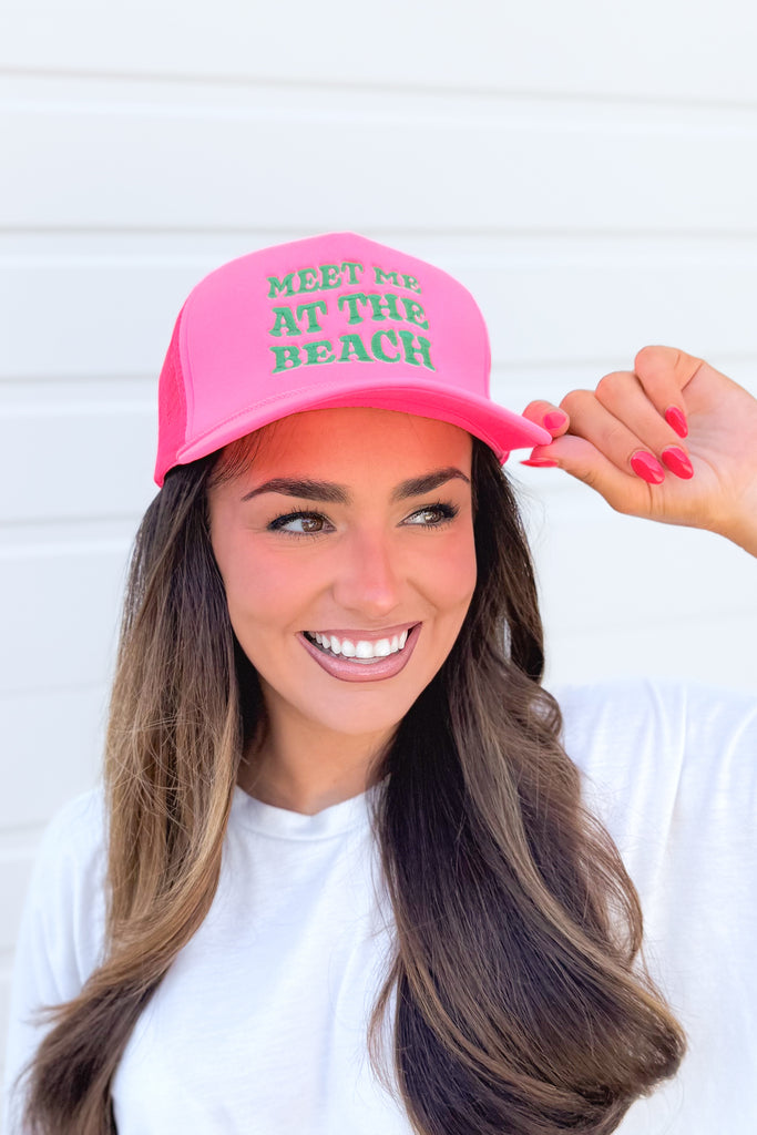meet me at the beach trucker hat in neon pink