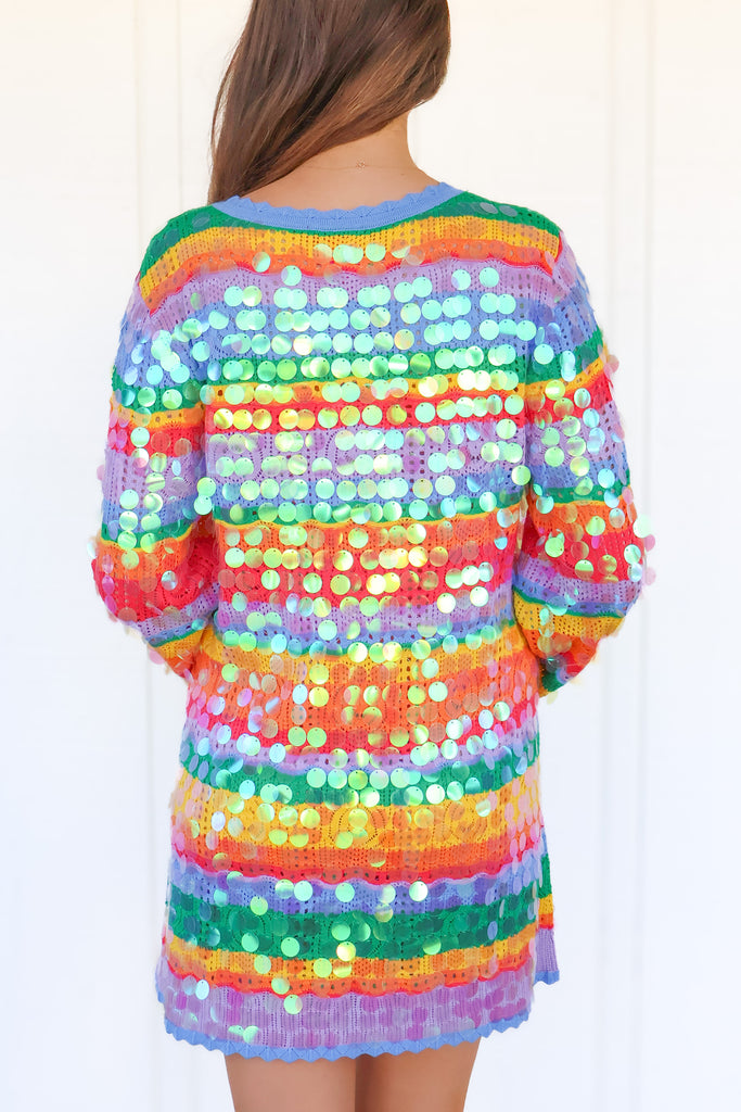 back of sparkly knit mini dress