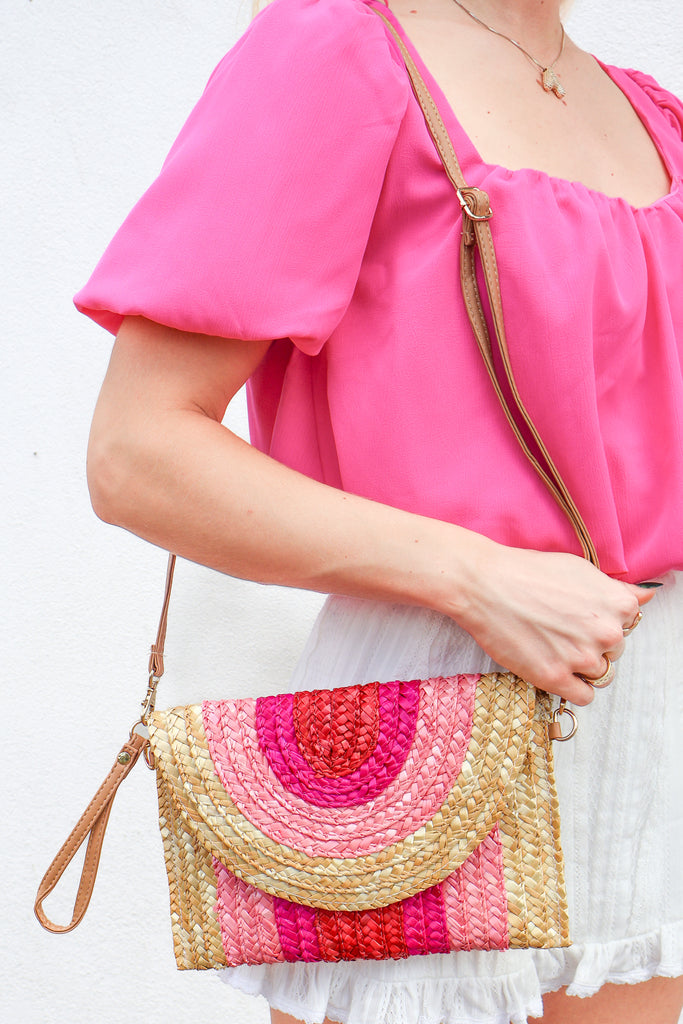 colorblock straw crossbody clutch