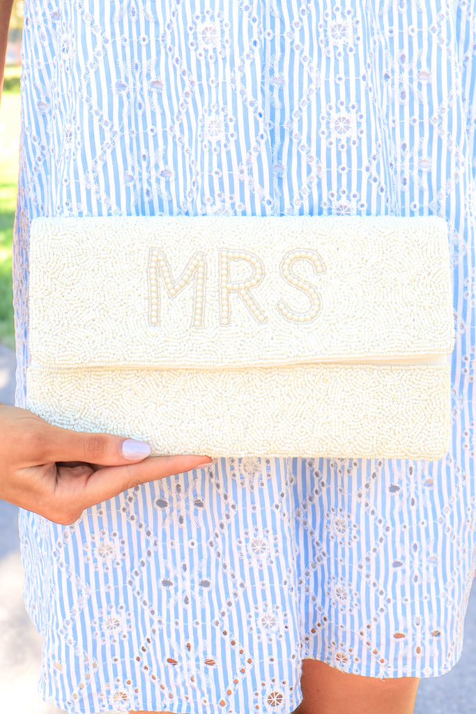 pearl "mrs' beaded envelope clutch in ivory