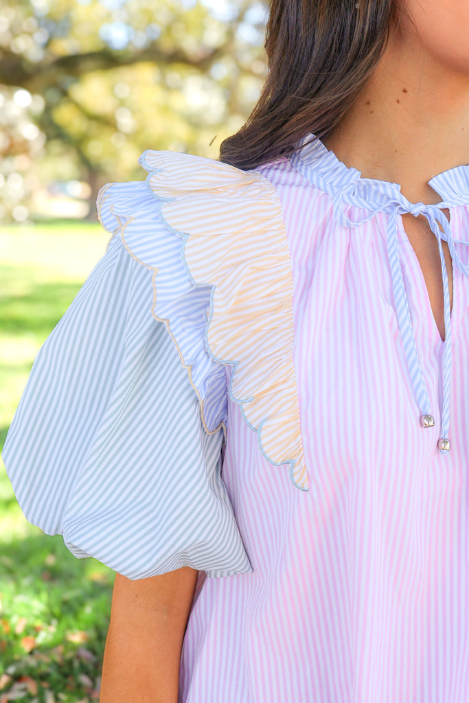 ruffle puff sleeve of multicolor stripe top