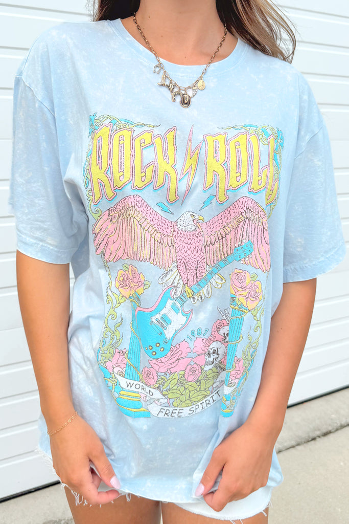 close up of free bird rock n roll oversized graphic tee 