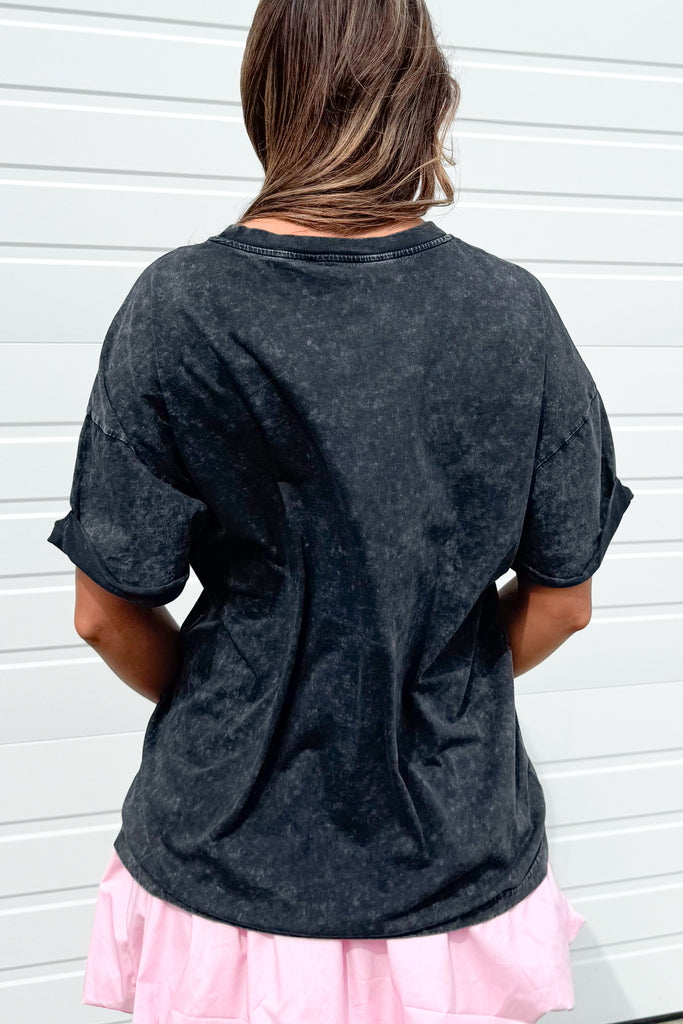 back of floral graphic tee in black