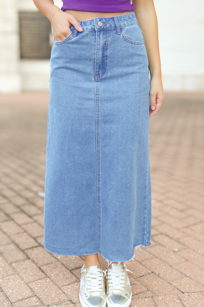 Next Moves Fray Hem Midi Denim Skirt - Frock Candy