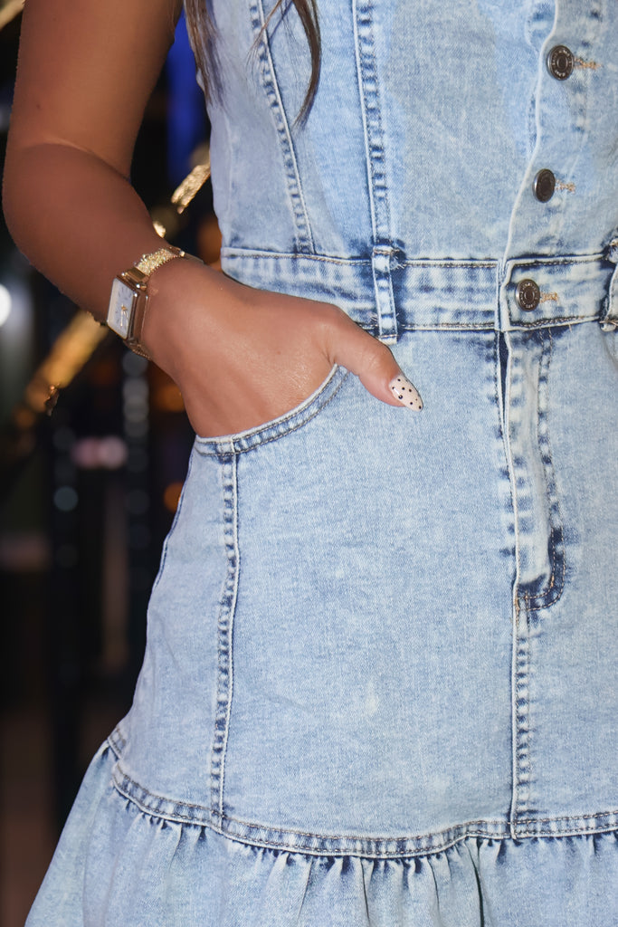 pocket of button up front tank denim dress with ruffle hem
