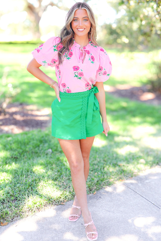 pink floral puff sleeve tie neck top