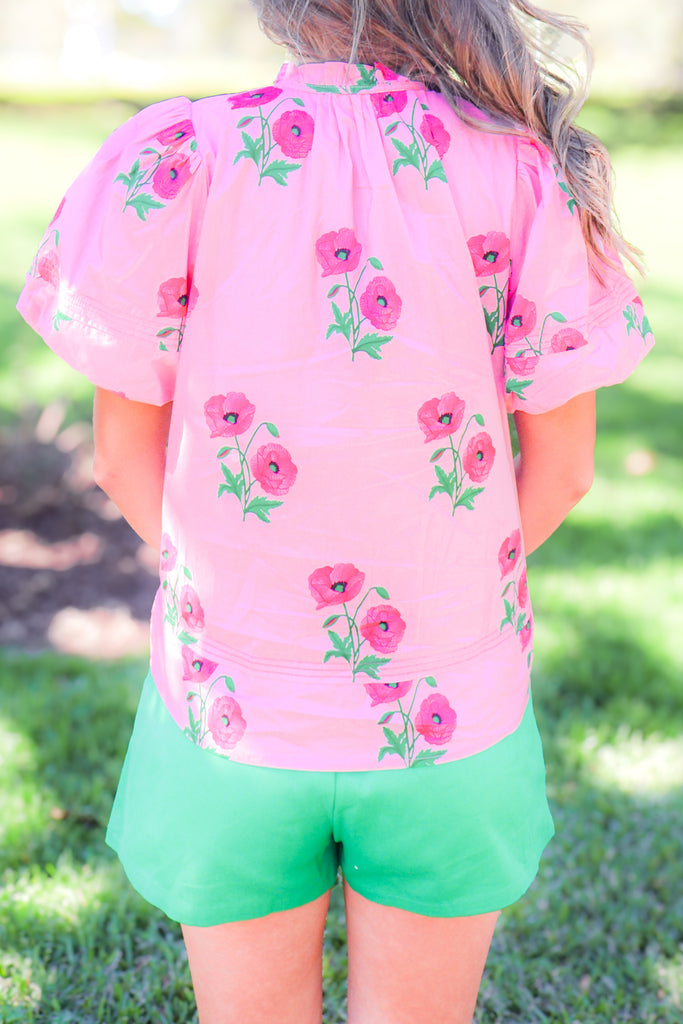 back of pink floral puff sleeve top