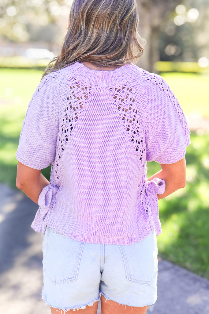 back of knit short sleeve top with side bow detail in lavender