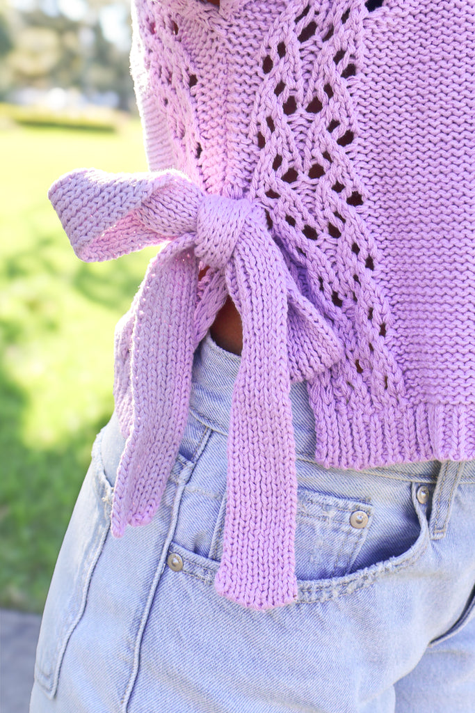 tie side bow detail on lavender knit top