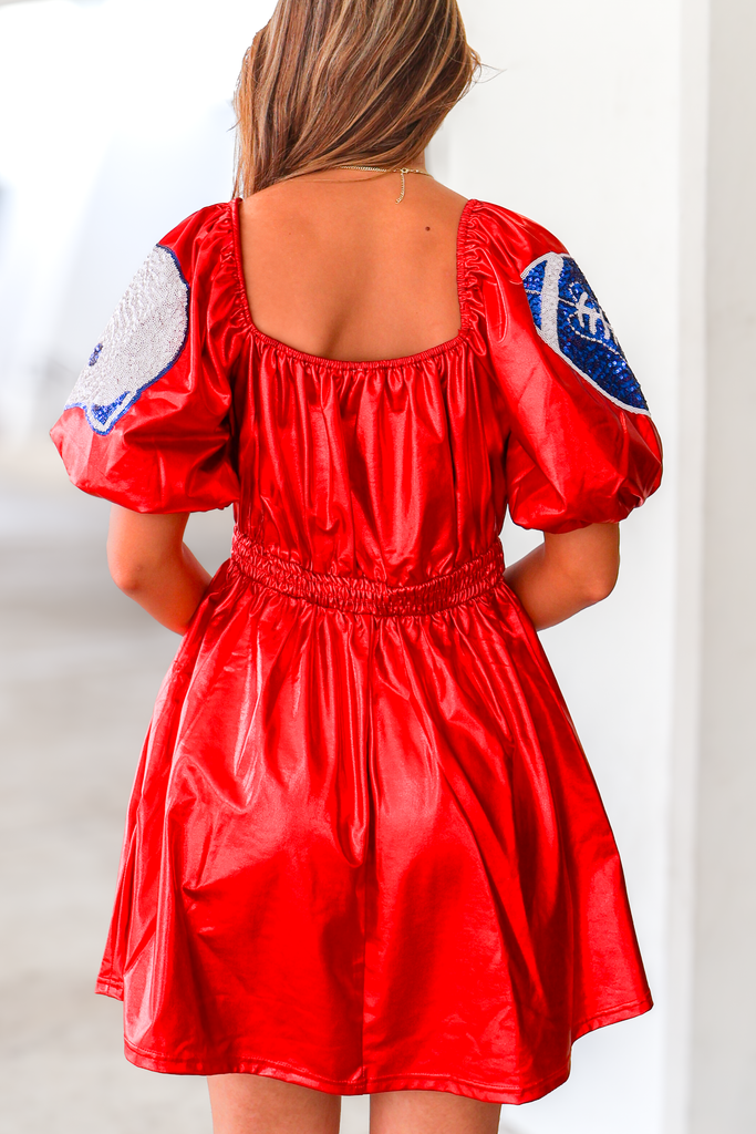 back of metallic puff sleeve dress in red/royal