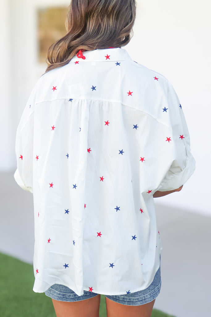 back of oversized button down star top