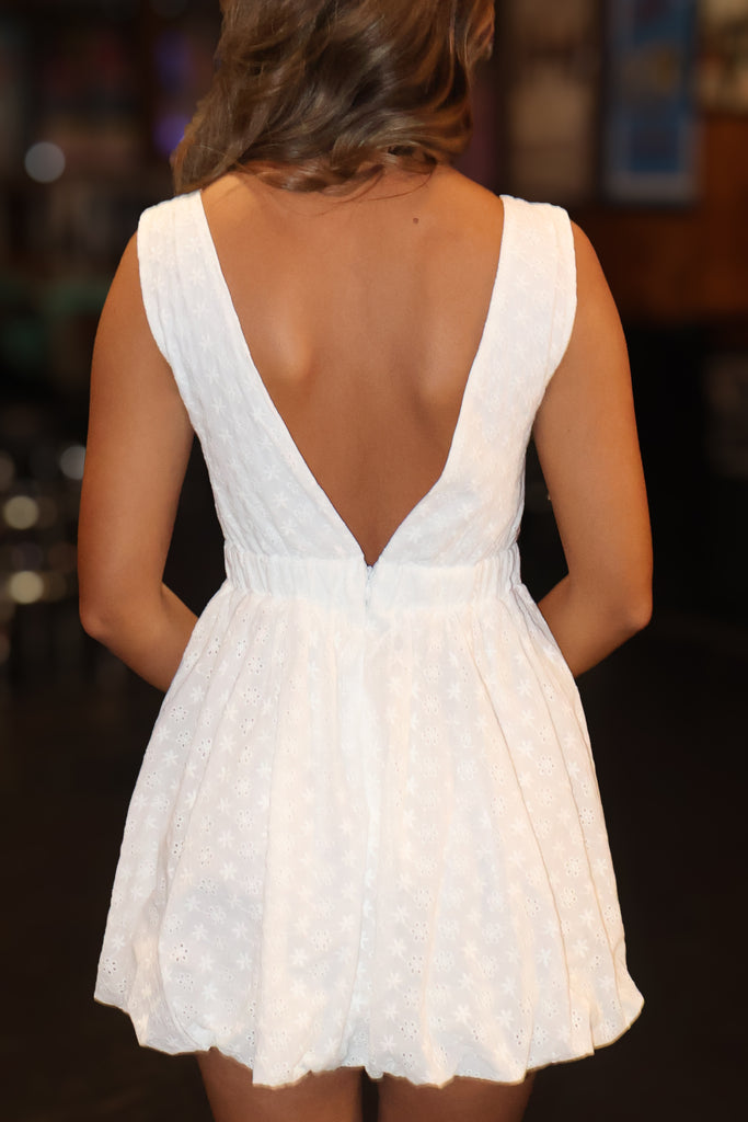 back of eyelet lace v neck bubble hem tank dress 