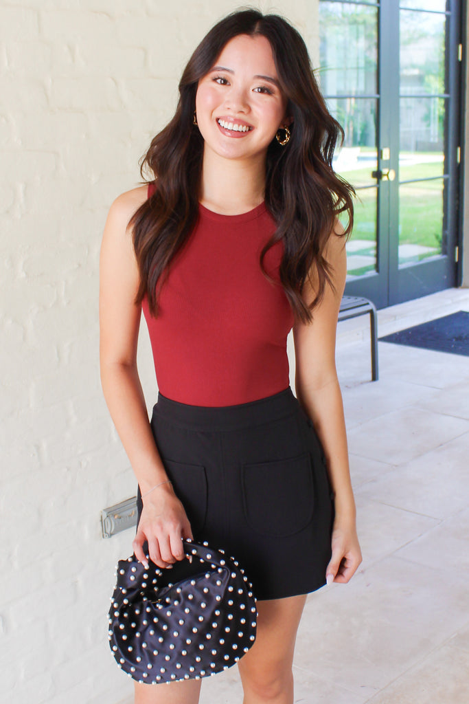 Perhaps So Round Neck Ribbed Bodysuit in Burgundy