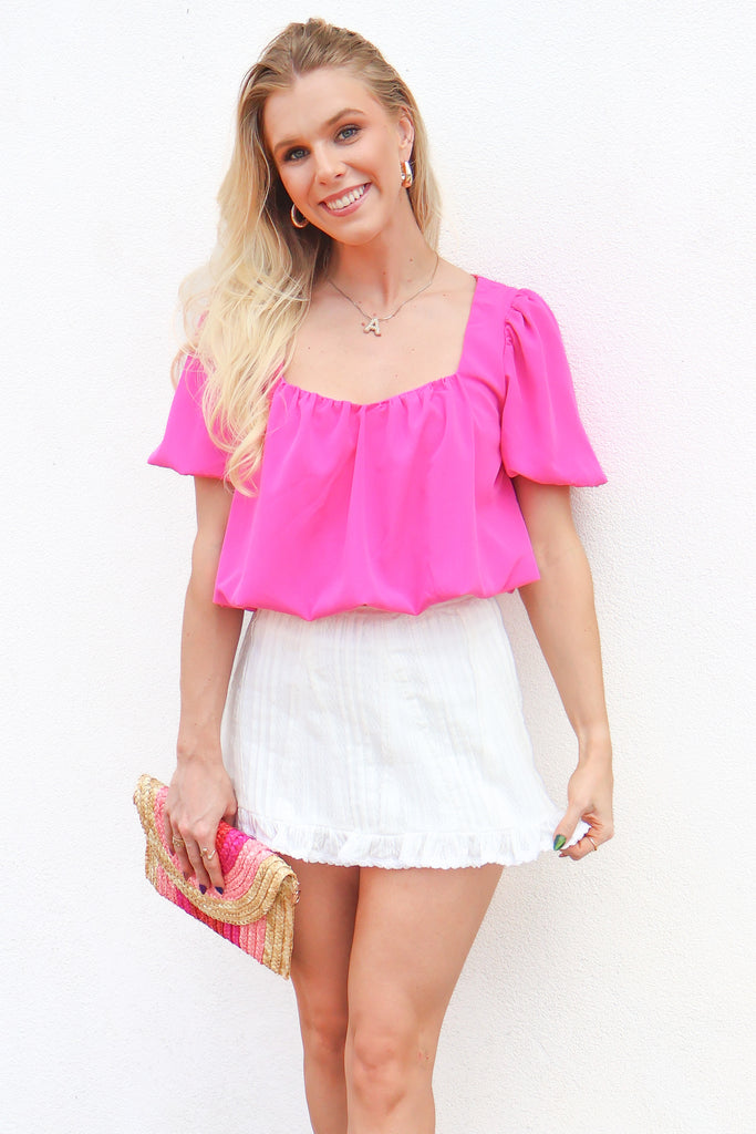 magenta bubble hem blouse